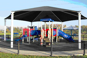Covered playground. No dog area visible; source appears posterized.